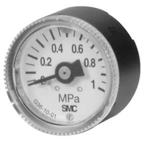 <h2>G(A)36, Pressure Gauge for General Purpose (O.D. 37)</h2><p><h3>SMC offers a variety of pressure gauges including general purpose, oil-free/external parts copper-free with limit indicator, clean series and a pressure gauge with a pressure switch.  Pressure ranges vary from 0 to 1.5MPa, depending on the selected gauge.</h3>- General purpose pressure gauge w/limit indicator<br>- Back side or vertical side thread<br>- Pressure range: 0 to 1.5MPa (0 to 225psi)<br>- Indication precision:  3% F.S. (full span)<p><a href="https://content2.smcetech.com/pdf/G.pdf" target="_blank">Series Catalog</a>