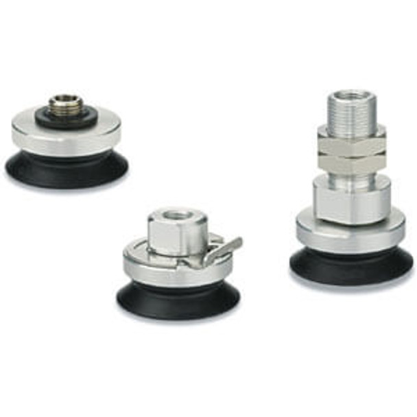 <h2>ZP3E-T, Compact Pad, Vertical Vacuum Inlet w/Adapter</h2><p><h3>The ZPT series suction cups are available in diameters from 2 to 125mm, 6-cup materials, and 4-cup designs (flat, flat with ribs, deep and bellows), to suit multiple applications. Vertical vacuum entry connections can be made via one-touch fittings or threaded connections. Optional buffers can be ordered with up to 50mm stroke.  SMC s ZP2 series vacuum pads are available in diameters from 2 to 340mm, and offer a variety of pad materials and designs. The ZP2 series was designed to standardize special products designed for the ZP series.  Pad types include: miniature cups, compact cups, nozzle cups, multi-bellows cups, sponge cups, mark-free cups, oval cup variations, and heavy-duty cup variations.  Optional buffers can be ordered with up to 100mm stroke.  The ZP3 line of suction cups has a compact pad and the buffer body has been shortened by as much as 2.2  when compared to the ZP series.  The optional buffer can be ordered with up to 20mm stroke.<br>-  </h3>- Vertical vacuum inlet with adapter<br>- Male and femalee mounting thread<br>- Pad diameter (mm): 32, 40, 50, 63, 80, 100, 125<br>- Pad form: flat type with groove, bellows type with groove<br>- Material: NBR, silicone rubber, urethane rubber, FKM, mark-free NBR<p><a href="https://content2.smcetech.com/pdf/ZP3E.pdf" target="_blank">Series Catalog</a>