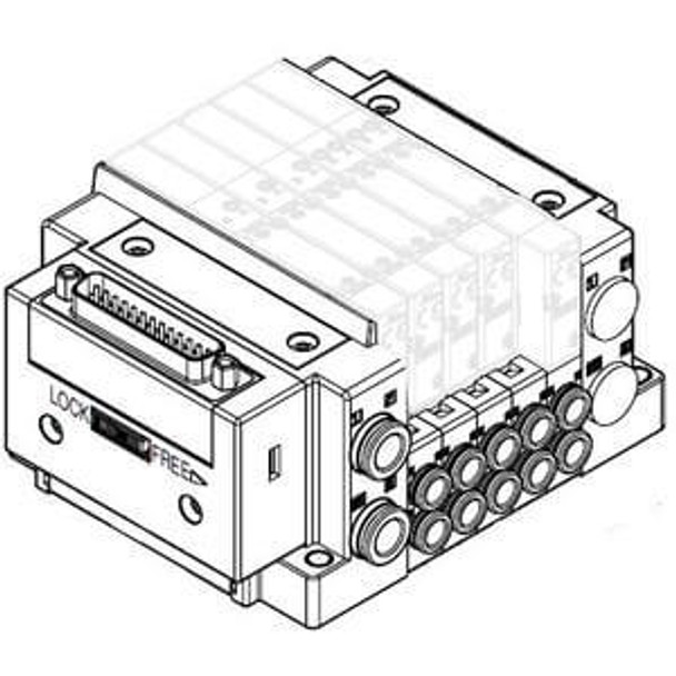 <h2>SS5Y3-10, 3000 Series Manifold, D-sub Connector, Flat Ribbon Cable, PC Wiring System (IP40)</h2><p><h3>SMC has improved product performance and reliability with the redesigned SY series valve.  The SY3000 and SY5000 have the same valve width as their predecessors, but the flow has been increased by up to 80%, allowing the valve size to be reduced. A built-in strainer in the pilot valve prevents trouble caused by foreign matter. By using H-NBR seal material for the main valve and seals, Ozone resistance has been improved.   Side, top and bottom port/pipe directions are available to allow flexible installation.  The SY is available in body ported or base mounted styles, and can be used individually or manifold mounted.<br>- *** We are currently experiencing long lead times for some SY products.  Please consult with SMC Representative for alternatives ***</h3>- Plug-in connector connecting base<br>- Side ported<br>- Available with external pilot<br>- Connector types: D-sub, Flat ribbon cable (26, 20 or 10 pins), PC wiring<br>- One-touch fittings<p><a href="https://content2.smcetech.com/pdf/SY.New.pdf" target="_blank">Series Catalog</a>