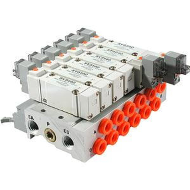 <h2>SS5Y5-**P, 5000 Series, Bar Stock Manifold, Flat Ribbon Cable Connector</h2><p><h3>Series SY offers major advances in valve performance for cost-effective solutions to your requirements. The series offers high flow with low power consumption in a compact design. The SY is available in body ported or base mounted styles and can be used individually or manifold mounted.<br>- </h3>- Bar stock type manifold for SY5000 base mounted valves<br>- Valves wired to 26 pin flat cable connector<br>- Common P, EA and EB ports<br>- Maximum 12 stations available as standard<br>- 15 port sizes available <p><a href="https://content2.smcetech.com/pdf/SY3.5.7.9000.pdf" target="_blank">Series Catalog</a>