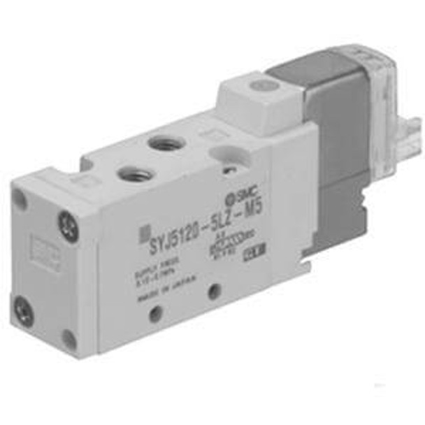 <h2>SYJ5000, 5 Port Solenoid Valve, Base Mounted &amp; Body Ported</h2><p><h3>The SYJ Valve is an innovative combination of space efficiency and performance superiority which provides real value to the design solution. Whether designed in a manifold or used as a single valve, this small profile increases design flexibility and minimizes space requirements. The SYJ valve utilizes a low power (0.5 watts standard) pilot solenoid design, which dramatically reduces thermal heat generation. This improves performance, decreases operating costs, and allows for direct control by PLC output relays. All electrical connections for SYJ Valves are available with lights and surge suppression. SYJ series valves can be configured on base mounted manifolds, or individually on sub-plates, creating a variety of solutions to meet your broadest engineering needs. </h3>- Fluid: air<br>- Operating pressure range: 0.1 - 0.7MPa<br>- Cv factor: body ported range 0.17 - 0.2;base mounted 0.25<br>- Coil rated voltage: 3, 5, 6, 12, 24VDC;100, 110, 200, 220VAC<br>- Ambient   fluid temperature: max. 50 C<br>- <p><a href="https://content2.smcetech.com/pdf/SYJ_5PT.pdf" target="_blank">Series Catalog</a>