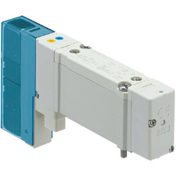 <h2>SY5000, 5 Port Solenoid Valve, All Types - New Style</h2><p><h3>SMC has improved product performance and reliability with the redesigned SY series valve.  The SY3000 and SY5000 have the same valve width as their predecessors, but the flow has been increased by up to 80%, allowing the valve size to be reduced. A built-in strainer in the pilot valve prevents trouble caused by foreign matter. By using H-NBR seal material for the main valve and seals, Ozone resistance has been improved.   Side, top and bottom port/pipe directions are available to allow flexible installation.  The SY is available in body ported or base mounted styles, and can be used individually or manifold mounted.<br>- *** We are currently experiencing long lead times for some SY products.  Please consult with SMC Representative for alternatives ***</h3>- Flow rate up to 1.0 Cv<br>- Possible to drive cylinders up to  63 at 300 mm/s<br>- Low power consumption (0.35 w standard)<br>- Improved safety with slide locking manual override<br>- Quick response time - 10 ms<p><a href="https://content2.smcetech.com/pdf/SY.New.pdf" target="_blank">Series Catalog</a>