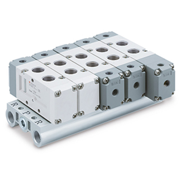 <h2>VV5F5, Manifold, Metric</h2><p><h3>Series VF, a five port pilot solenoid valve, offers large flow capacity in a compact size. The VF is available in many variations including three types of manual override and four types of electrical entry. Common exhaust for main valve and pilot valve is also available.<br>- </h3>- VF5000 series manifold<br>- Metric threads (Rc(PT))<br>- Manifold type: B mount (single base)<br>- Maximum stations: 15<br>- Port sizes: 1/4, 3/8, 1/2<br>- Common/SUP, Common/EXH<br>- <p><a href="https://content2.smcetech.com/pdf/VF_New.pdf" target="_blank">Series Catalog</a>