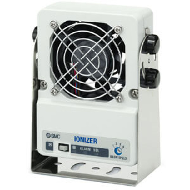 <h2>IZF10R, Small Fan Ionizer w/Air Flow Function</h2><p><h3>The IZF10R shares the same fan size and  13V ion balance with the IZF10, with two new features. A new 4-speed fan adjuster knob is added, including one higher and one lower speed for faster neutralization and greater range, or quieter operation. In addition to the high current/high voltage switch output, a second output signal indicates when emitter maintenance is required. These outputs pair with LEDs at the control panel indicating the same conditions. A power switch and an ion balance adjuster complete the controls.</h3>- Tungsten emitters for longer life vs stainless steel<br>- Removable fan guard permits emitter cleaning<br>- Emitters replaceable at end of life<br>- Can be powered by a 24VDC cable with I/O, or 120VAC adapter<br>- Available bracket mounts on machine or stands freely on bench<br>- Bracket includes pivot and tilt slots to optimize treatment area<br>- LEDs: Power (orange/green), Error (red), Maintenance (green)<p><a href="https://content2.smcetech.com/pdf/IZF.pdf" target="_blank">Series Catalog</a>