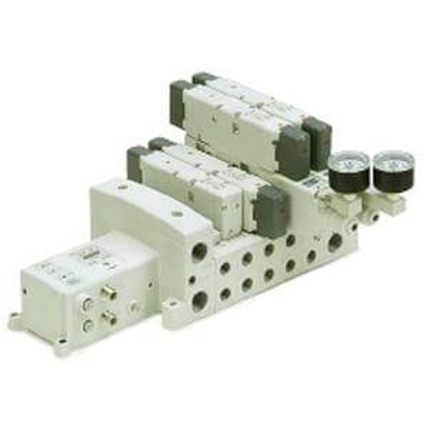 <h2>VV801, Manifold, ISO 15407-2, Serial Transmission Kit</h2><p><h3>VSS/VSR  size 1, 2   3 are plug-in, base mounted interface valves conforming to ISO standards. The valve design offers maximum flexibility and is available in either a high flow rubber seal (model VSR), or matched ground spool and sleeve (model VSS). The lateral plug-in style manifold makes it easy to increase or decrease the manifold stations without wiring work.  In addition, SMC now offers a light weight, large capacity mini ISO valve (size 01).</h3>- Manifold for series VSR/S8-4 valves (size 01)<br>- Conforms to ISO 15407-2<br>- 1 to 12 stations as standard (depending on S kit)<br>- G port thread is applicable to ISO 1179-1<p><a href="https://content2.smcetech.com/pdf/VSS_R8_New.pdf" target="_blank">Series Catalog</a>