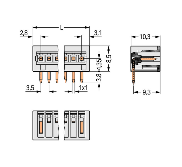 Wago 734-171 THT male header1.0 x 1.0 mm solder pin angled, light gray Pack of 100