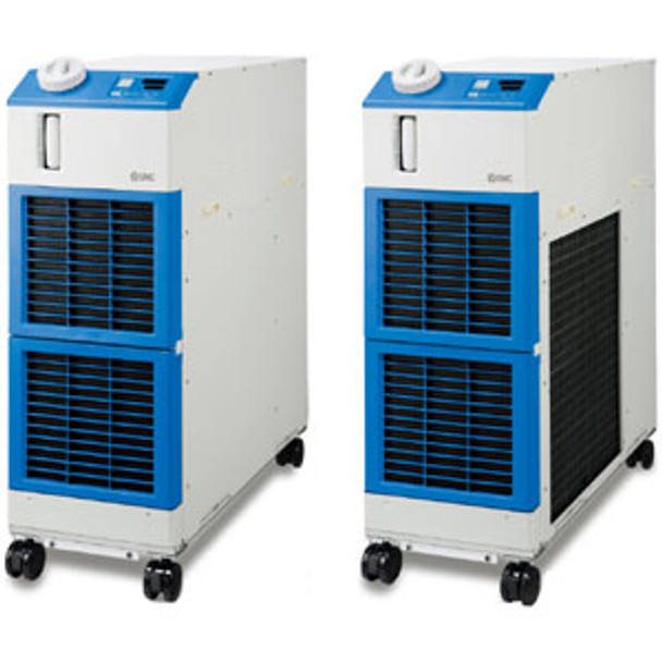 <h2>HRS090, Large Capacity Compact Chiller, 200~230/400/460 VAC</h2><p><h3>The HRS090 is a compact chiller with large cooling capacity. A 9.0kW air cooled or 10.5kW water cooled refrigeration circuit can be selected. The chiller package also contains the coolant circuit, including pump, tank, heat exchanger, and sensor monitored flow path. Set temperatures are PID controlled, while the system is monitored for 41 alarms. Additional features include a heating function, serial communications, and lockable casters for indoor mobility.</h3>- Cooling capacities: 9kw (air cooled), 10.5kW (water cooled)<br>- Temperature range setting: 5 to 35 C<br>- Temperature stability:  0.5  460~480VAC 60Hz<br>- Refrigerant: R410A HFC<br>- Circulating fluid: tap or deionized water or 15% ethylene glycol solution<br>- <p><a href="https://content2.smcetech.com/pdf/HRS090.pdf" target="_blank">Series Catalog</a>