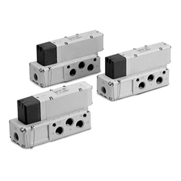 <h2>VQC4000, 5 Port Solenoid Valve, Base Mounted, Plug-in</h2><p><h3>The VQC series subplate, single unit has five standard wiring packages bringing a world of ease to wiring and maintenance work, while the protective enclosures of three of them conform to IP67 standards for protection from dust and moisture. The VQC series has outstanding response times and long life. </h3>- 5 port solenoid valve, base mount, subplate. single unit, plug-in<br>- Outstanding response time (17ms   3ms)<br>- Long life (100 million cycles)<br>- Choice of metal or rubber seals<br>- Low wattage type available (0.5W)<br>- <p><a href="https://content2.smcetech.com/pdf/VQC4.pdf" target="_blank">Series Catalog</a>