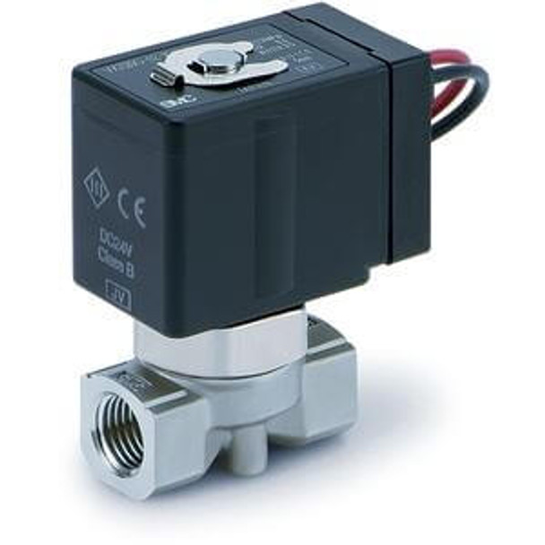 <h2>VXE, Energy Saving Type, 2 Port Solenoid Valve (Single Unit)</h2><p><h3>The VXE2 is a direct operated 2 port solenoid valve for wide range of fluids with a built in power saving circuit that reduces power consumption during holding by 1/3. Available port size ranges from 1/8 to 1/2 inch. Flow rate ranges from Cv of 0.18 to 2.20<br>- </h3>- Power saving circuit to reduce power consumption by 1/3 during holding operation<br>- Power consumption: 1.5W (size 1), 2.3W (size 2), 3W (size 3)<br>- Body material: brass (C37), stainless steel<br>- Seal material available: NBR, FKM, EPDM, PTFE<br>- Rated voltage: 24VDC, 12VDC<p><a href="https://content2.smcetech.com/pdf/VXE.pdf" target="_blank">Series Catalog</a>