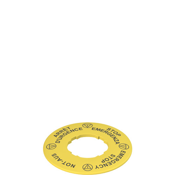 Pizzato VE TF32A5120 Pack of 5 Label with shaped hole, Ø 60 mm, yellow disc, writing "STOP EMERGENZA - EMERGENCY STOP - NOT-AUS - ARRET D'URGENCE"