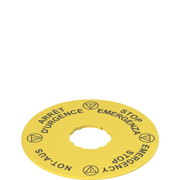 Pizzato VE TF32D5120 Pack of 5 Label with shaped hole, Ø 90 mm, yellow disc, writing "STOP EMERGENZA - EMERGENCY STOP - NOT-AUS - ARRET D'URGENCE"
