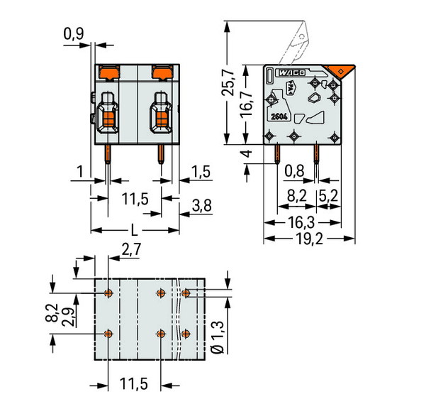 Wago 2604-1509 PCB terminal block; lever; 4 mm; Pin spacing 11.5 mm; 9-pole; Push-in CAGE CLAMP; 4,00 mm; gray