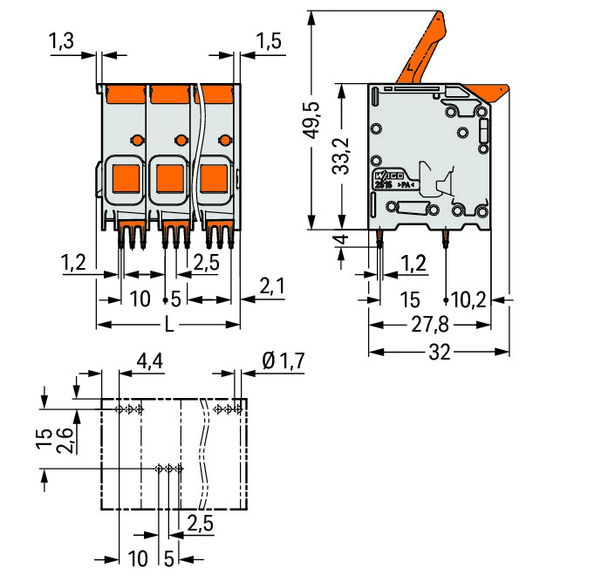 Wago 2616-1110/020-000 PCB terminal block; lever; 16 mm; Pin spacing 10 mm; 10-pole; Push-in CAGE CLAMP; 16,00 mm; gray