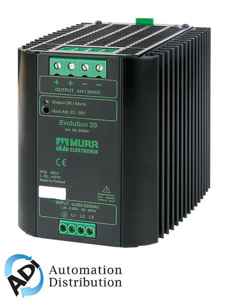 Murrelektronik 85002 evolution power supply 3-phase, in: 360-520vac out: 22-28v/20adc, allows continuous two-phase- operation, extra-power - for4 secs 50% addl power