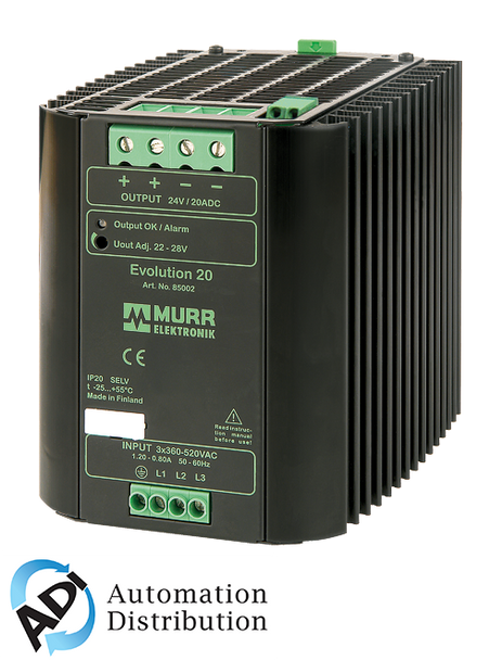 Murrelektronik 85010 evolution+ power supply 3-phase, alarm contact and varnished pcb, in: 360-520vac out: 48-56v/10adc, allows continuous two-phase- operation