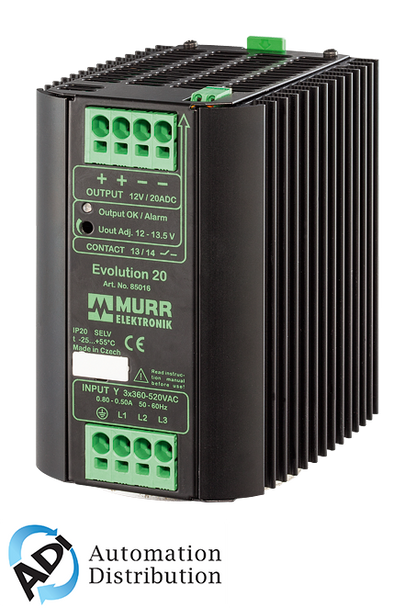 Murrelektronik 85016 evolution power supply 3-phase, in: 360-520vac out: 12-13,5v/20adc, allows continuous two-phase- operation, extra-power - for4 secs 50% addl power