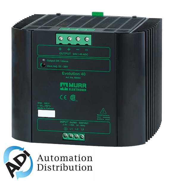 Murrelektronik 85004 evolution power supply 3-phase, in: 360-520vac out: 22-28v/40adc, allows continuous two-phase- operation, extra-power - for4 secs 50% addl power