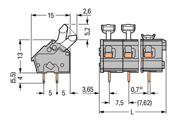 Wago 256-507/332-009/999-950 PCB terminal block, push-button 2.5 mm² Pin spacing 7.5/7.62 mm 7-pole, light gray