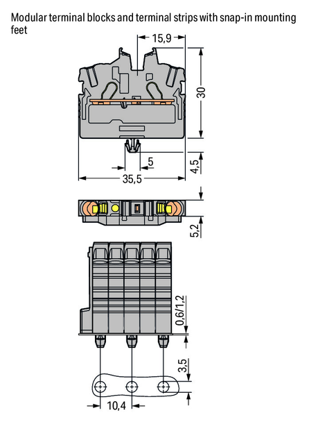 Wago 2052-317 2-conductor miniature through tb with operating slots 2.5 mm²,  green-yellow