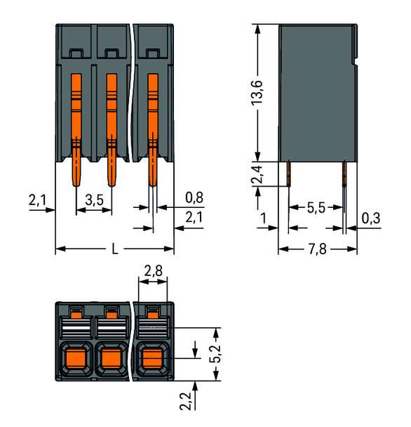 Wago 2086-1103 THR PCB terminal block, push-button 1.5 mm² Pin spacing 3.5 mm 3-pole, black