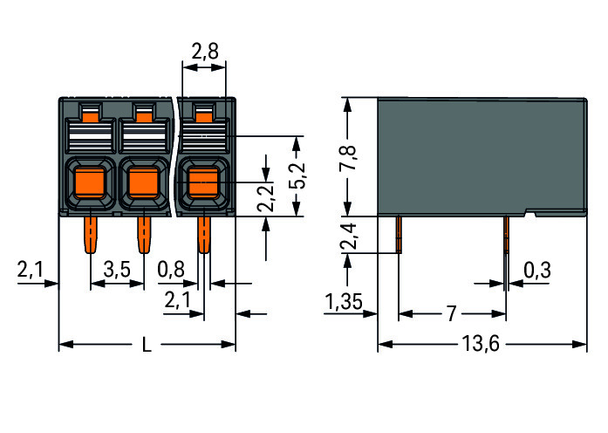 Wago 2086-1203 THR PCB terminal block, push-button 1.5 mm² Pin spacing 3.5 mm 3-pole, black