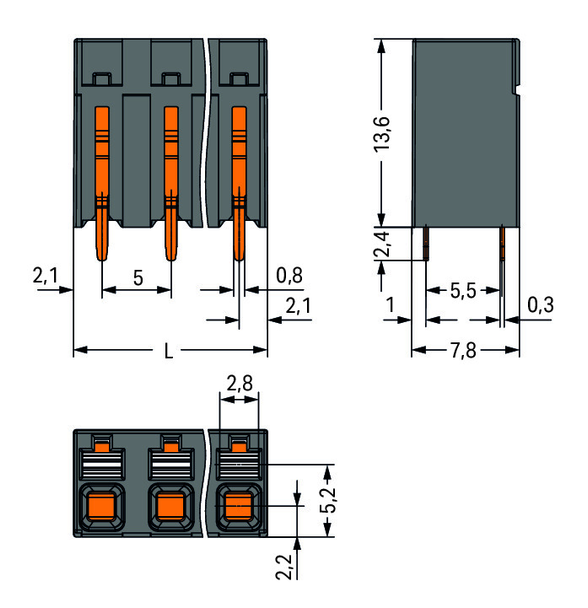 Wago 2086-3102 THR PCB terminal block, push-button 1.5 mm² Pin spacing 5 mm 2-pole, black