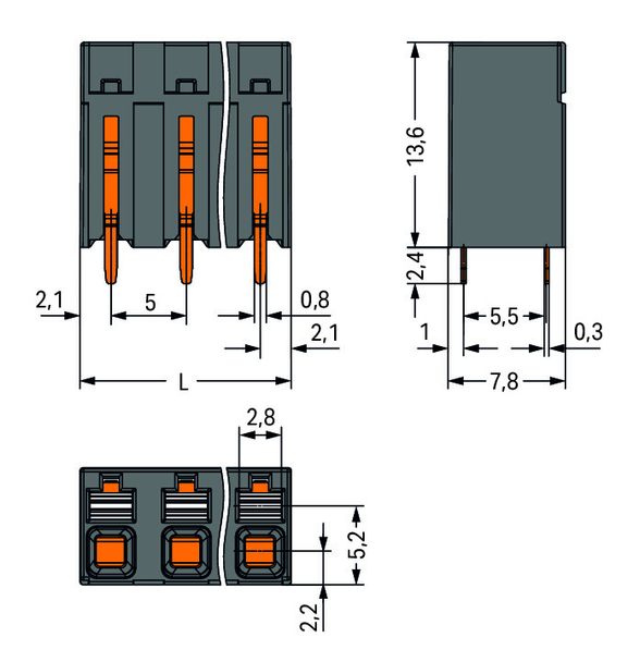 Wago 2086-3105 THR PCB terminal block, push-button 1.5 mm² Pin spacing 5 mm 5-pole, black