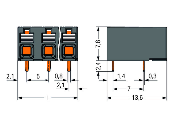 Wago 2086-3223 THR PCB terminal block, push-button 1.5 mm² Pin spacing 5 mm 3-pole, black