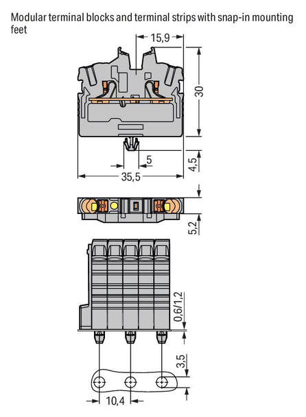 Wago 2252-311 2-conductor miniature through tb with push-button 2.5 mm²,  gray