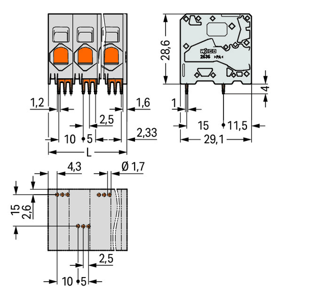Wago 2636-1104/020-004 PCB terminal block 16 mm² Pin spacing 10 mm 4-pole,  black