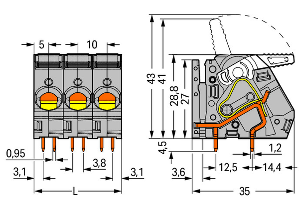 Wago 2716-152/000-016 PCB terminal block, lever 16 mm² Pin spacing 10 mm 2-pole, green-yellow
