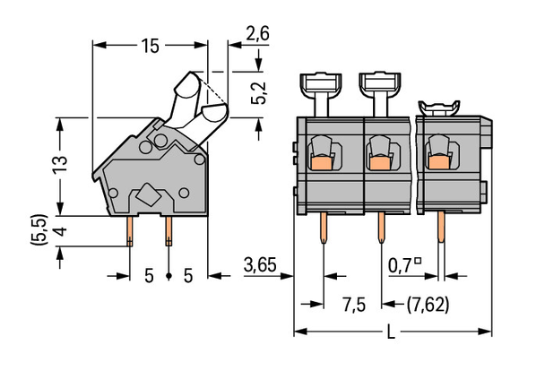 Wago PCB terminal block, push-button 2.5 mm² Pin spacing 7.5/7.62 mm 5-pole, light gray Pack of 30