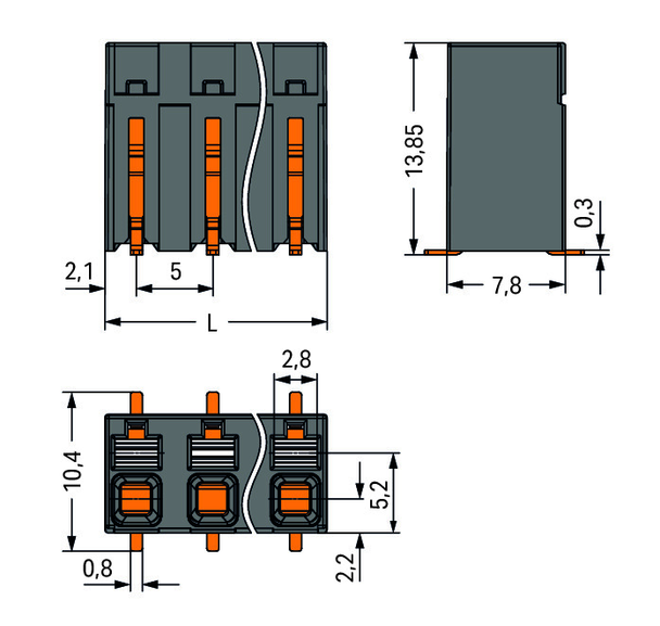 Wago SMD PCB terminal block, push-button 1.5 mm² Pin spacing 5 mm 7-pole, black Pack of 270