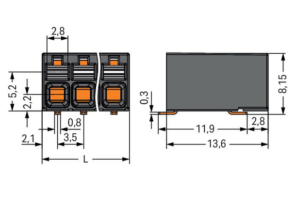 Wago SMD PCB terminal block, push-button 1.5 mm² Pin spacing 3.5 mm 6-pole, black Pack of 515