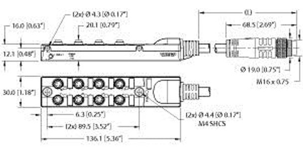 Turck Tb-8M8Z-3-7.5-Bsm14 Junction Box - Actuator/Sensor, 8-port, M8, 3 pole I/O port with cable homerun