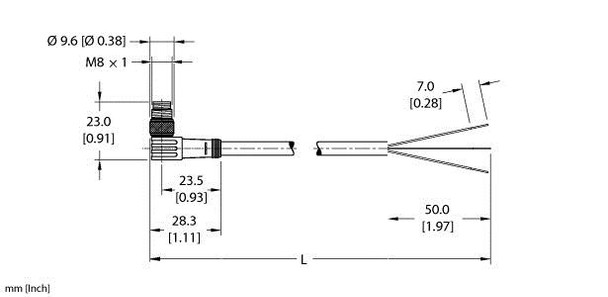 Turck Psw 3M-2/S90 Single-ended Cordset, Right angle Male Connector