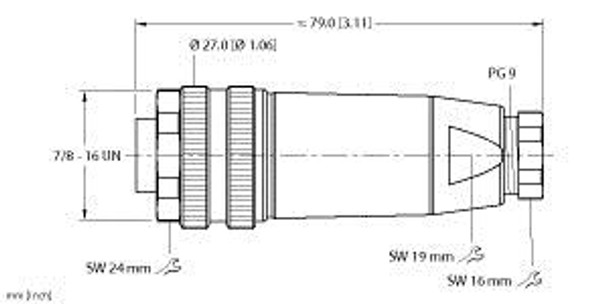 Turck B 4141-0/9 Straight Female Field-wireable, 7/8 Connection, "
