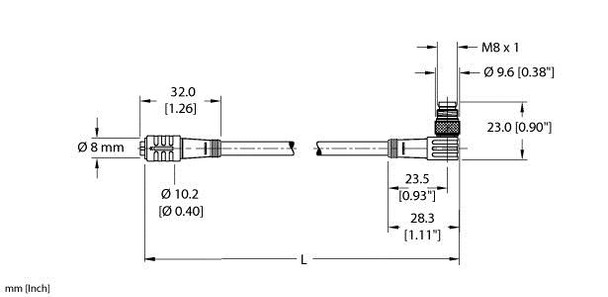 Turck Pkg 3Z-2-Psw 3M-P7X2 Double-ended Cordset, Straight Female Connector to Right angle Male Connector