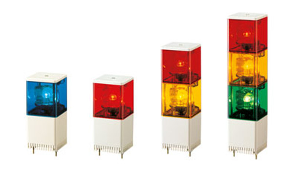 Patlite KJSB-302-RYG+FA001 Rotating Type Signal Tower, with alarm, cube style, Red, amber, green