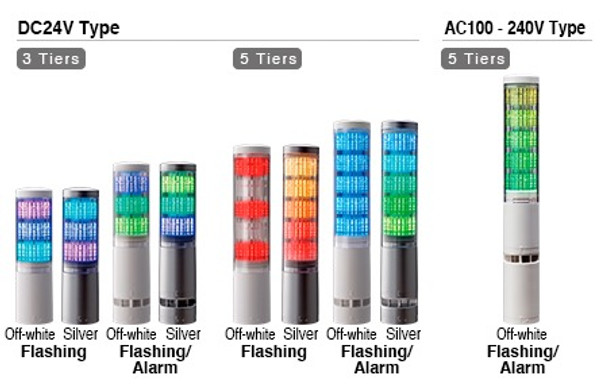Patlite LA6-3DTNUB-RYG Multi Color LED Signal Tower with Flash & Buzzer, Direct Mount, Silver color, Terminal block