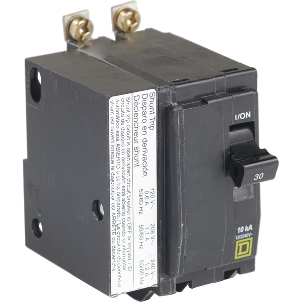 Schneider Electric QOB215VH1021 Mini circuit breaker, QO, 15A, 2 pole, 120/240VAC, 22kA, bolt on, AC shunt