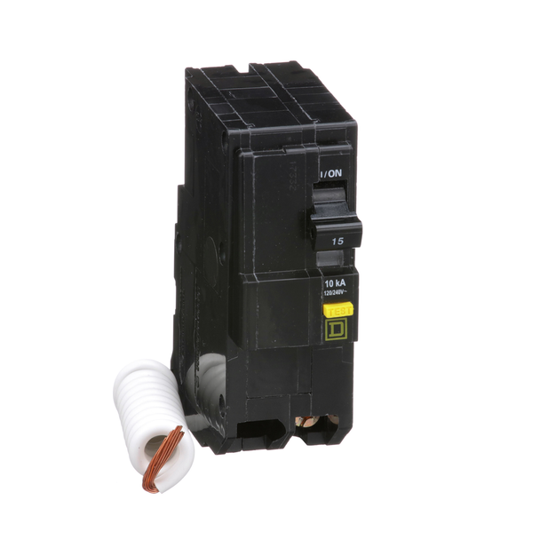 Schneider Electric QO215GFI Mini circuit breaker, QO, 15A, 2 pole, 120/240VAC, 10kA, plug in, 6mA grd fault A, pigtail