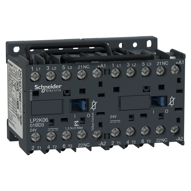 Schneider Electric LP2K0601BD3 Reversing contactor, TeSys K, 3P, AC-3, lt or eq to 440V 6A, 1 NC, 24VDC coil