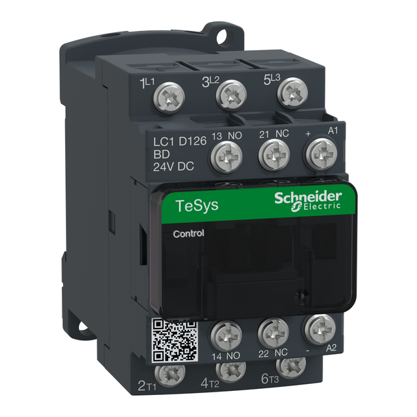 Schneider Electric LC1D126BD IEC contactor, TeSys Deca, nonreversing, 12A, 7.5HP at 480VAC, 3 phase, 3 pole, 3 NO, 24VDC coil, open style