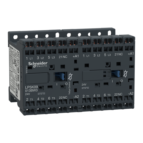 Schneider Electric LP5K09013BW3 Reversing contactor, TeSys K, 3P, AC-3, lt or eq to 440V 9A, 1 NC, 24VDC coil