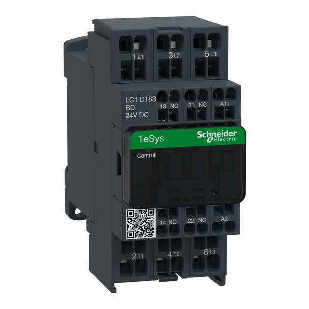 Schneider Electric LC1D183BD IEC contactor, TeSys Deca, nonreversing, 18A, 10HP at 480VAC, 3 phase, 3 pole, 3 NO, 24VDC coil, open style