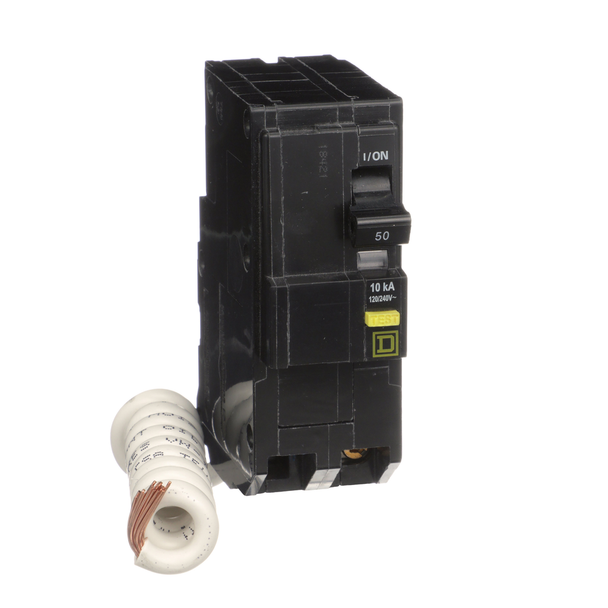 Schneider Electric QO250GFIC Mini circuit breaker, QO, 50A, 2 pole, 120/240VAC, 10kA, plug in, 6mA grd fault A, pigtail, clam