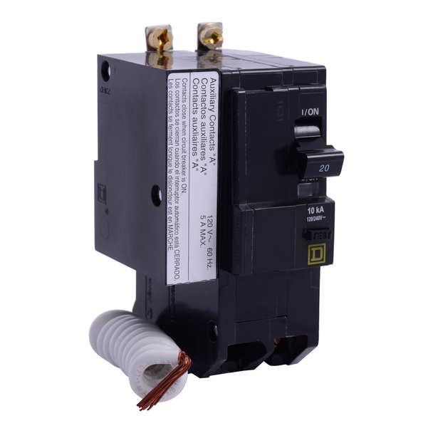 Schneider Electric QOB220EPD1200 Mini circuit breaker, QO, 20A, 2 pole, 120/240VAC, 10kA, bolt on, 30mA grd fault B, aux switch 1A