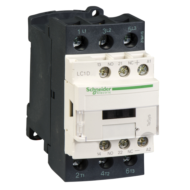 Schneider Electric LC1D256SD IEC contactor, TeSys D, nonreversing, 25A, 15HP at 480VAC, 3 phase, 3 pole, 3 NO, 72VDC coil, open style