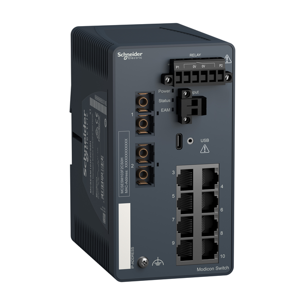 Schneider Electric MCSESM103F2CS0H Modicon Managed Switch - 8 ports for copper + 2 ports for fiber optic single-mode - Harsh